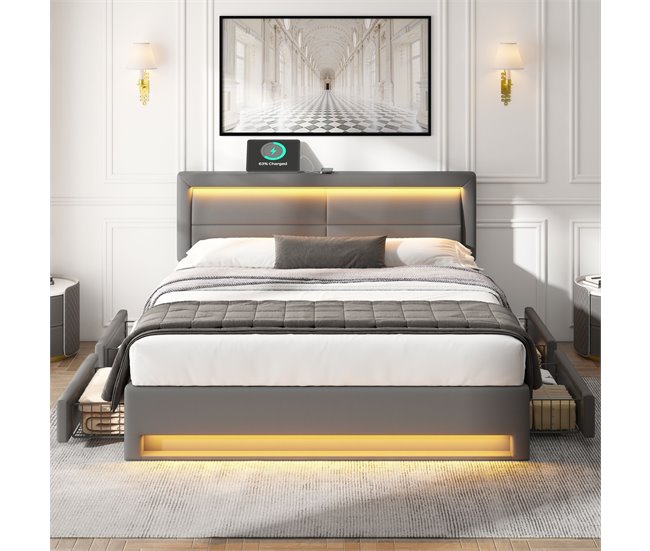 Conforama Cama Doble 140x190 Cm En Símil Piel Con LED - 4 Cajones - Con Puertos De Carga (por Cable E Inalámbrico) - Gris