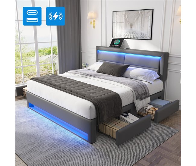 Conforama Cama Doble 140x190 Cm En Símil Piel Con LED - 4 Cajones - Con Puertos De Carga (por Cable E Inalámbrico) - Gris