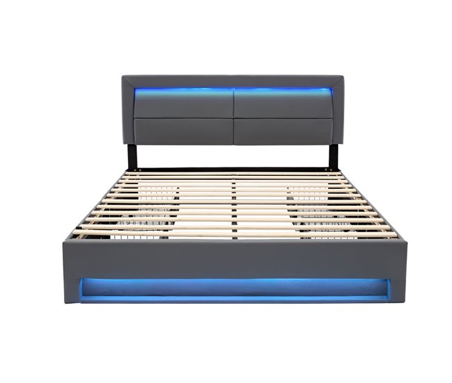 Conforama Cama doble 140x190 cm en símil piel con LED - 4 cajones - con puertos de carga (por cable e inalámbrico) - Gris