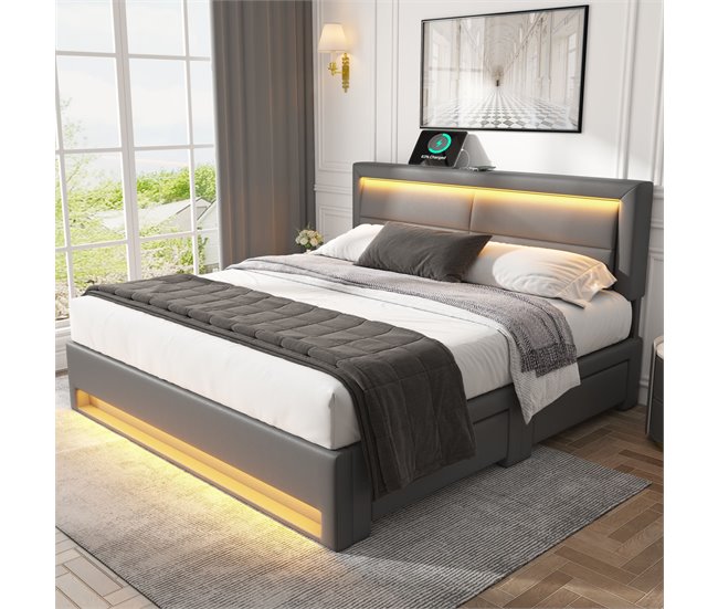 Conforama Cama Doble 140x200 Cm En Símil Piel Con LED - 4 Cajones - Con Puertos De Carga (por Cable E Inalámbrico) - Gris