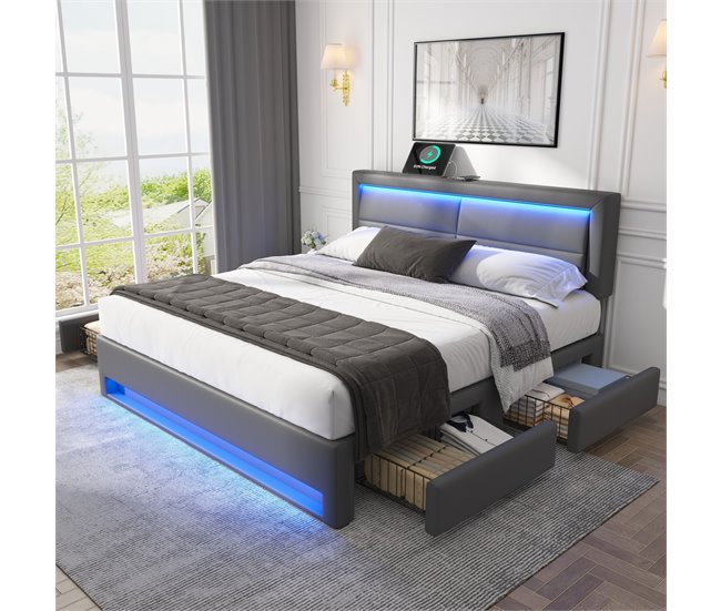 Conforama Cama Doble 140x200 Cm En Símil Piel Con LED - 4 Cajones - Con Puertos De Carga (por Cable E Inalámbrico) - Gris