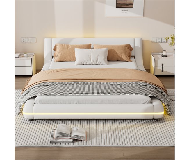 Conforama Cama Doble 140x200cm - En Símil Piel - Con LED Y Mando A Distancia - Blanco