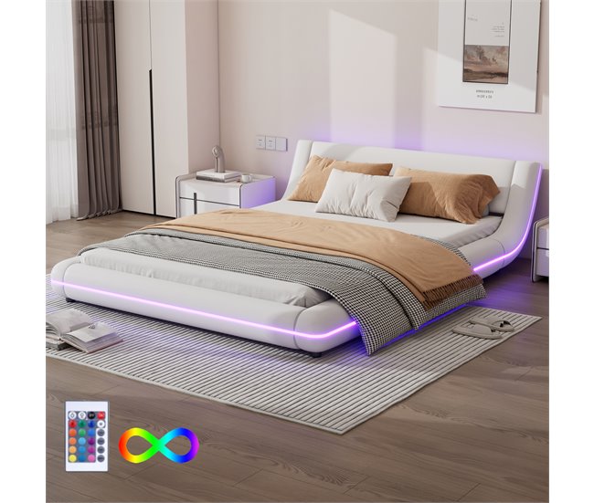 Conforama Cama Doble 140x200cm - En Símil Piel - Con LED Y Mando A Distancia - Blanco