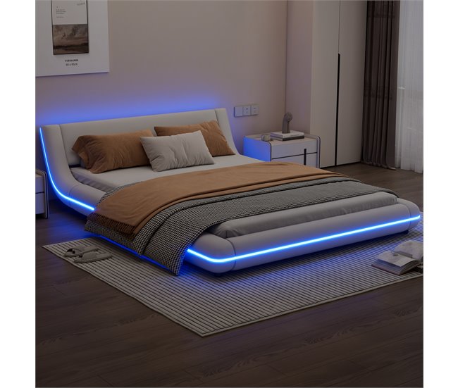 Conforama Cama Doble 140x200cm - En Símil Piel - Con LED Y Mando A Distancia - Blanco