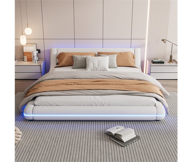 Conforama Cama Doble 160x200cm - En Símil Piel - Con LED Y Mando A Distancia - Blanco