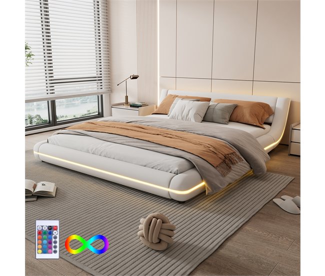 Conforama Cama Doble 160x200cm - En Símil Piel - Con LED Y Mando A Distancia - Blanco