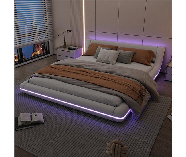 Conforama Cama Doble 160x200cm - En Símil Piel - Con LED Y Mando A Distancia - Blanco