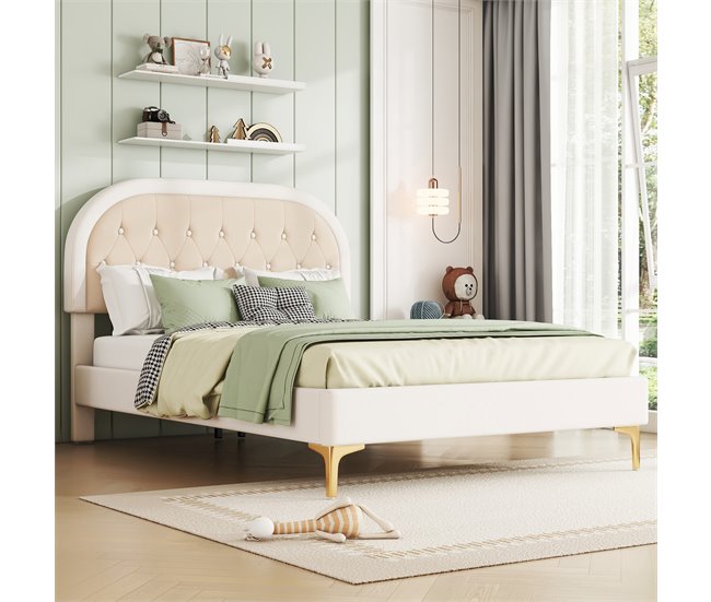 Conforama Cama Doble Acolchada 140x200 Cm - En Tejido De Terciopelo - Con Somier - Beige