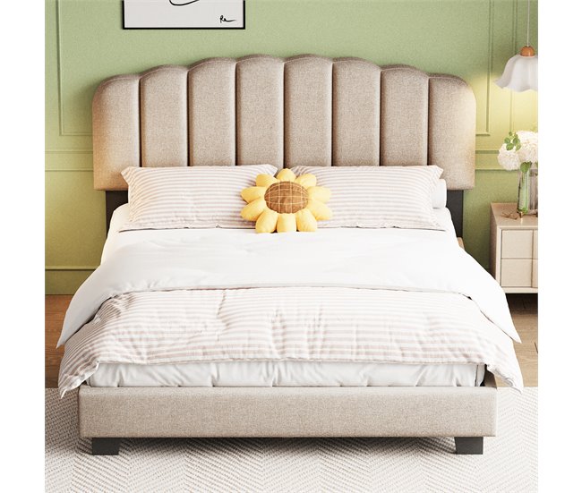 Conforama Cama Doble Acolchada De Lino - 140x200 Cm - Con Somier - Beige