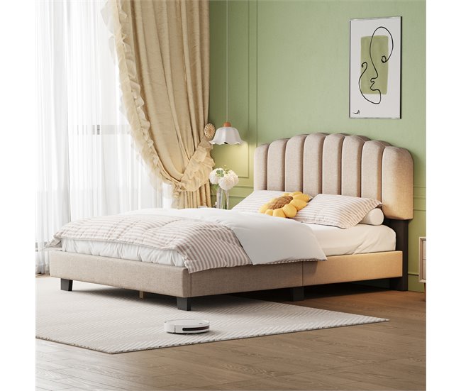 Conforama Cama Doble Acolchada De Lino - 140x200 Cm - Con Somier - Beige
