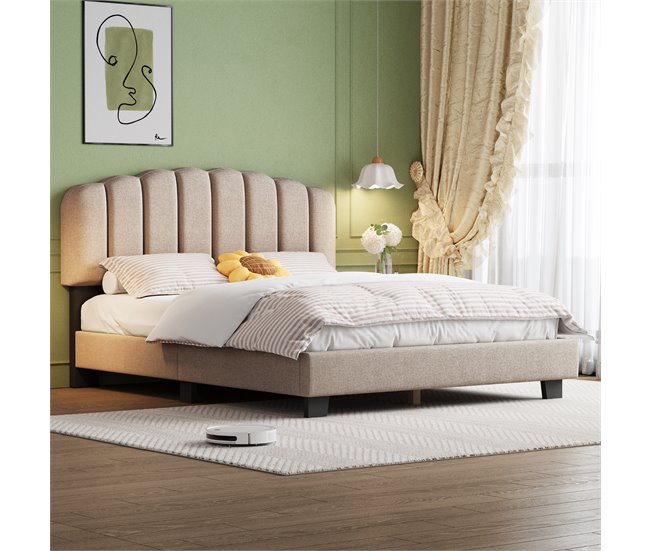 Conforama Cama Doble Acolchada De Lino - 140x200 Cm - Con Somier - Beige