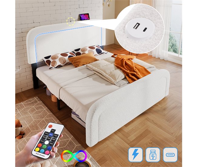 Conforama Cama Doble Acolchada Sherpa - 140x200cm - Con LED Y Puertos De Carga - Blanco