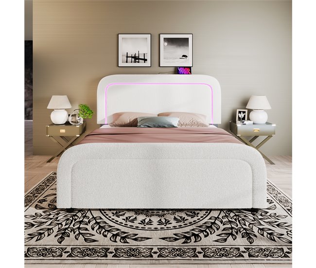 Conforama Cama Doble Acolchada Sherpa - 160x200cm - Con LED Y Puertos De Carga - Blanco