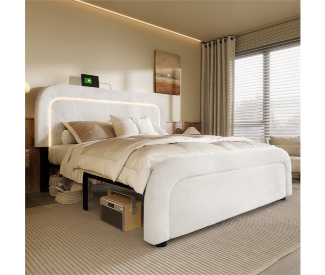Conforama Cama Doble Acolchada Sherpa - 160x200cm - Con LED Y Puertos De Carga - Blanco