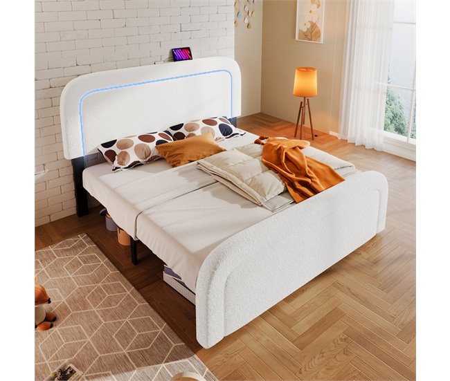 Conforama Cama Doble Acolchada Sherpa - 160x200cm - Con LED Y Puertos De Carga - Blanco