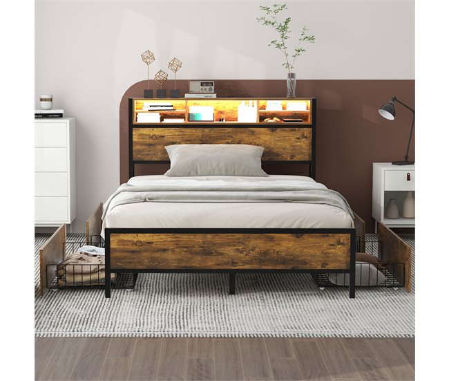 Conforama Cama Doble Con 4 Cajones - 140x200cm - Con LED Y Función De Carga - Estructura De Metal - Marrón