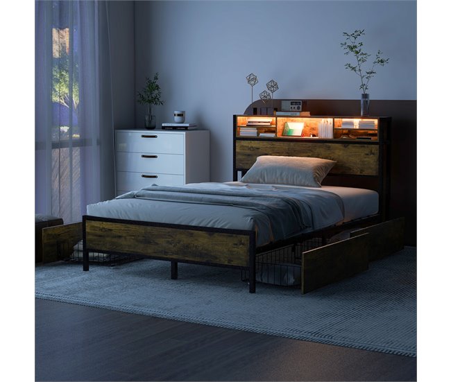 Conforama Cama Doble Con 4 Cajones - 140x200cm - Con LED Y Función De Carga - Estructura De Metal - Marrón