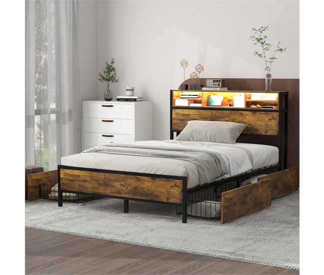 Conforama Cama Doble Con 4 Cajones - 140x200cm - Con LED Y Función De Carga - Estructura De Metal - Marrón