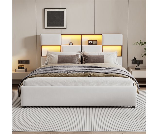 Conforama Cama Doble Con LED Ajustable - 160x200 Cm - Varios Compartimentos De Almacenamiento Con Interfaz USB - Beige