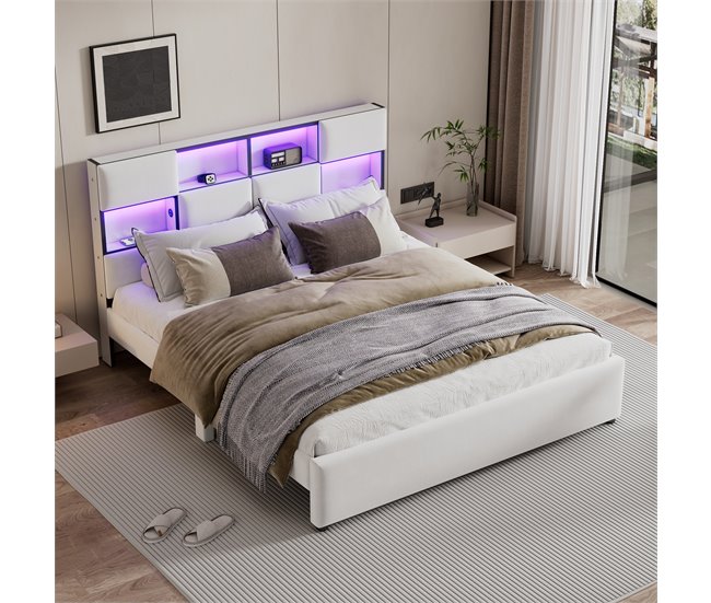 Conforama Cama Doble Con LED Ajustable - 160x200 Cm - Varios Compartimentos De Almacenamiento Con Interfaz USB - Beige