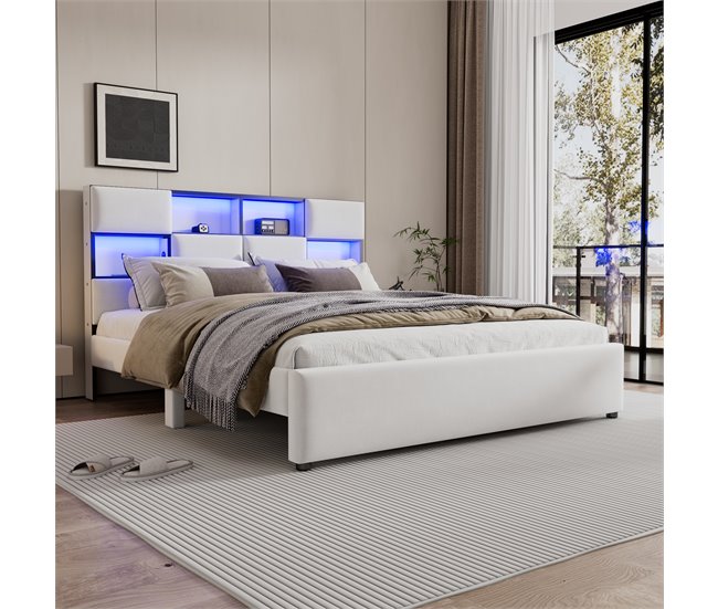 Conforama Cama Doble Con LED Ajustable - 160x200 Cm - Varios Compartimentos De Almacenamiento Con Interfaz USB - Beige