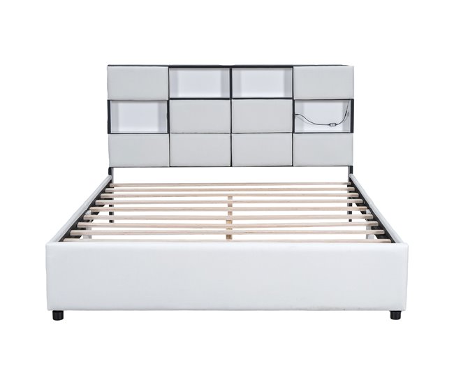 Conforama Cama doble con LED ajustable - 160x200 cm - varios compartimentos de almacenamiento con interfaz USB - Beige