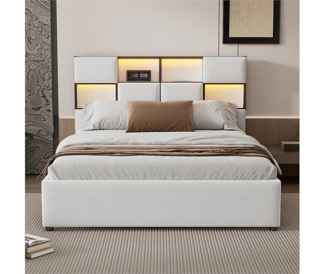 Conforama Cama Doble Con LED Orientable - 140x200 Cm - Varios Compartimentos Con Interfaz USB - Beige