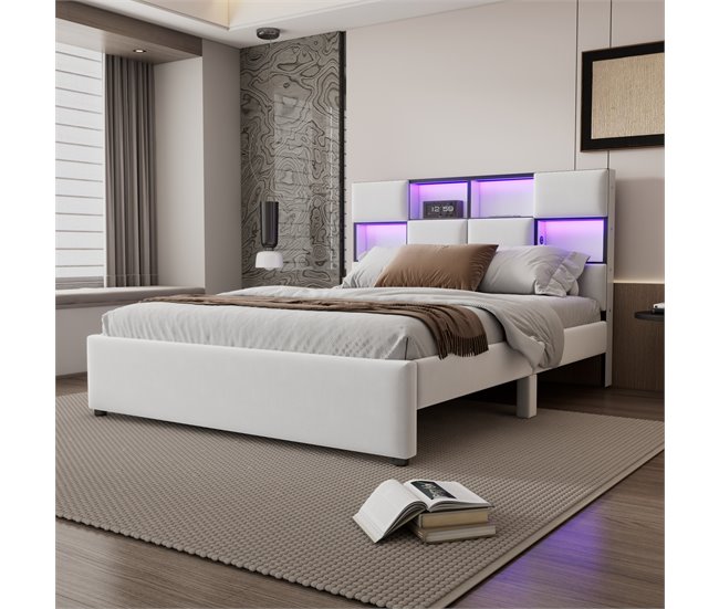 Conforama Cama Doble Con LED Orientable - 140x200 Cm - Varios Compartimentos Con Interfaz USB - Beige