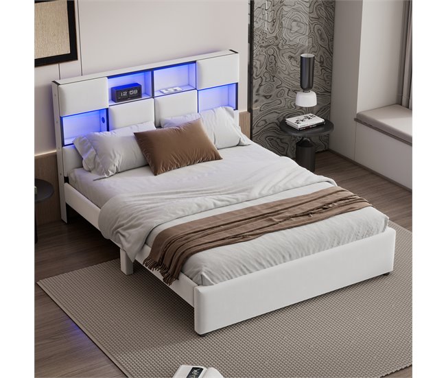 Conforama Cama Doble Con LED Orientable - 140x200 Cm - Varios Compartimentos Con Interfaz USB - Beige
