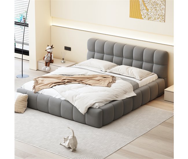 Conforama Cama Doble Tapizada 140x190cm - Con Respaldo Mullido - Tela De Lino - Gris