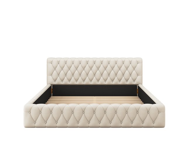 Conforama Cama doble tapizada 140x200cm - tela terciopelo - Beige