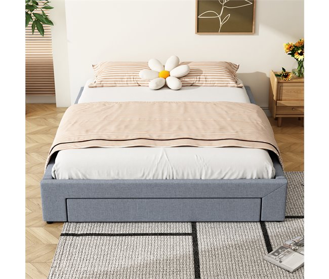 Conforama Cama Doble Tapizada 160x200cm Sin Cabecero - Con 3 Cajones - Tela De Lino - Gris
