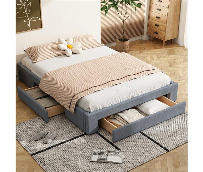 Conforama Cama Doble Tapizada 160x200cm Sin Cabecero - Con 3 Cajones - Tela De Lino - Gris