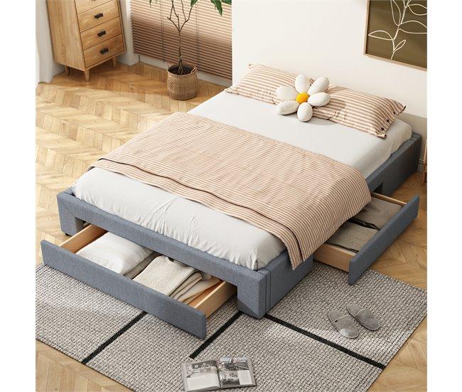 Conforama Cama Doble Tapizada 160x200cm Sin Cabecero - Con 3 Cajones - Tela De Lino - Gris