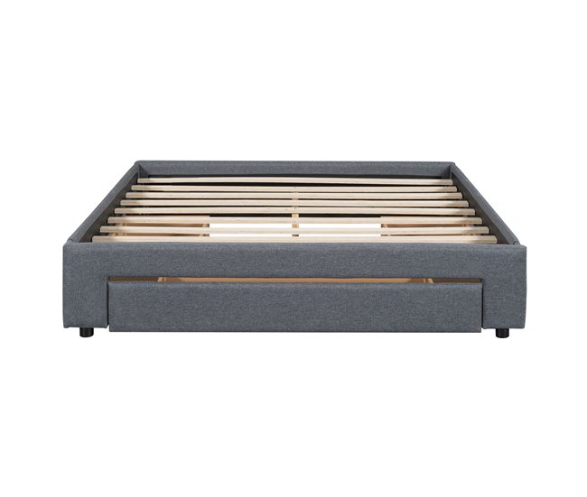 Conforama Cama doble tapizada 160x200cm sin cabecero - con 3 cajones - Tela de Lino - Gris
