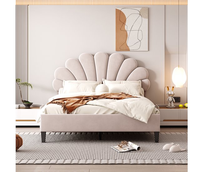 Conforama Cama Doble Tapizada En Terciopelo - 140x200cm - Cabecero En Forma De Flor - Con Somier - Beige