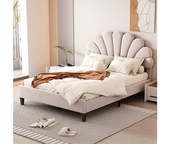 Conforama Cama Doble Tapizada En Terciopelo - 140x200cm - Cabecero En Forma De Flor - Con Somier - Beige