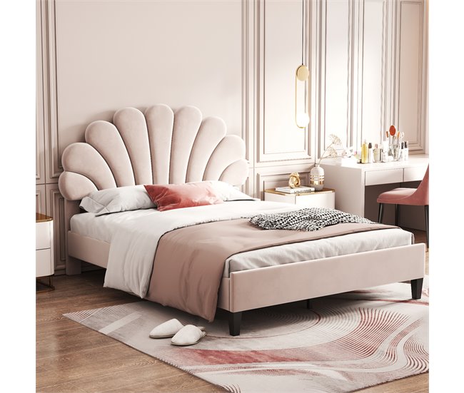Conforama Cama Doble Tapizada En Terciopelo - 140x200cm - Cabecero En Forma De Flor - Con Somier - Beige