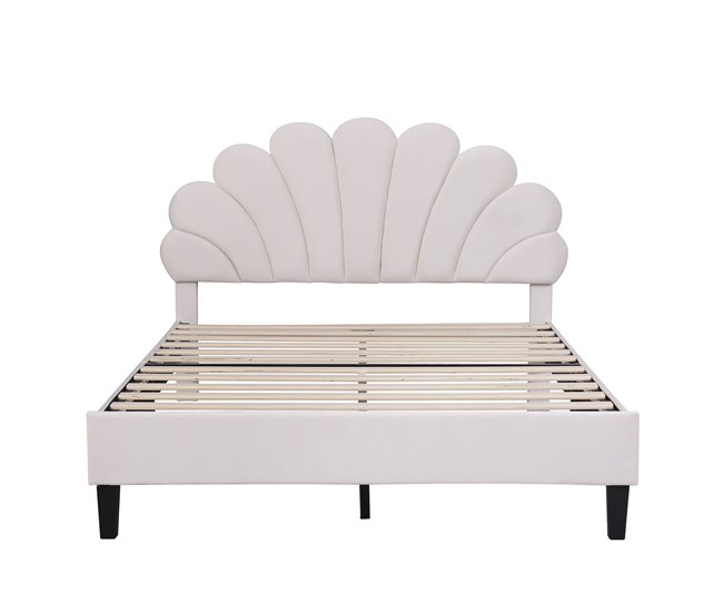 Conforama Cama doble tapizada en terciopelo - 140x200cm - cabecero en forma de flor - con somier - Beige