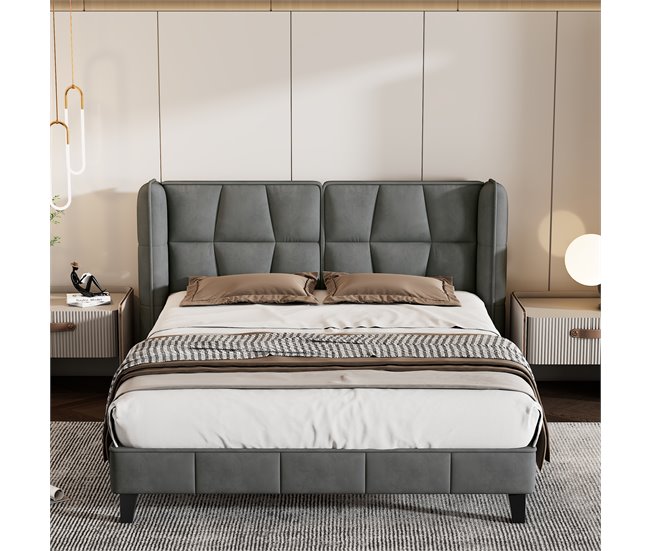 Conforama Cama Doble Tapizada En Terciopelo - 140x200cm - Con Somier - Gris