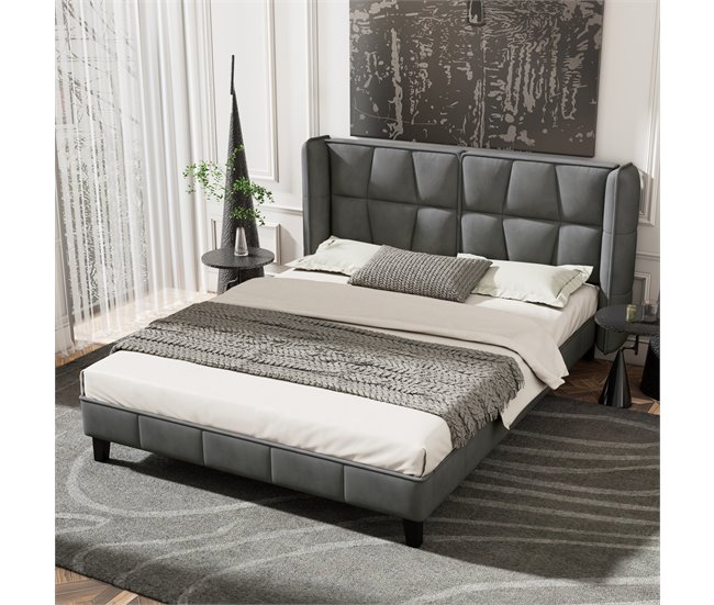 Conforama Cama Doble Tapizada En Terciopelo - 140x200cm - Con Somier - Gris