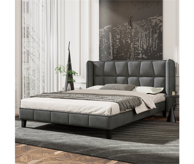 Conforama Cama Doble Tapizada En Terciopelo - 140x200cm - Con Somier - Gris