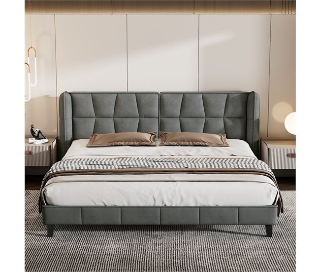 Conforama Cama Doble Tapizada En Terciopelo - 180x200cm - Con Somier - Gris