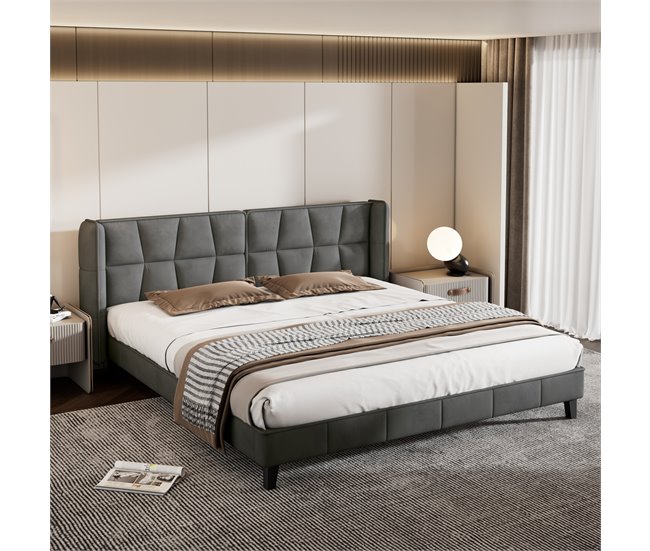 Conforama Cama Doble Tapizada En Terciopelo - 180x200cm - Con Somier - Gris