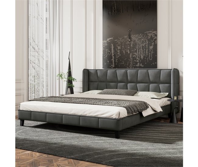Conforama Cama Doble Tapizada En Terciopelo - 180x200cm - Con Somier - Gris