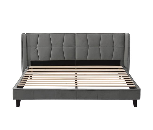 Conforama Cama doble tapizada en terciopelo - 180x200cm - con somier - Gris
