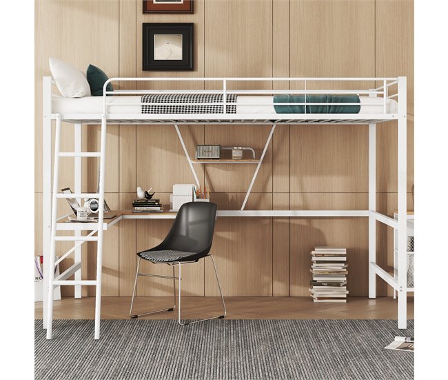 Conforama Cama Entrepiso De Hierro - 90x200 Cm - Con Escritorio Esquinero Y Estante - Blanco