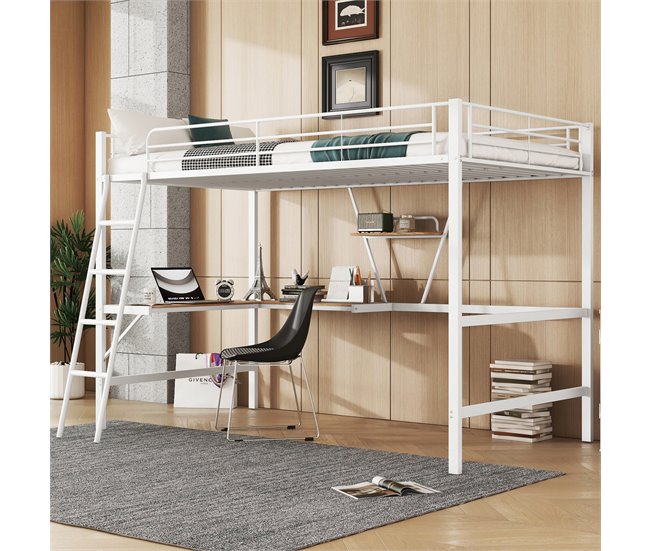Conforama Cama Entrepiso De Hierro - 90x200 Cm - Con Escritorio Esquinero Y Estante - Blanco