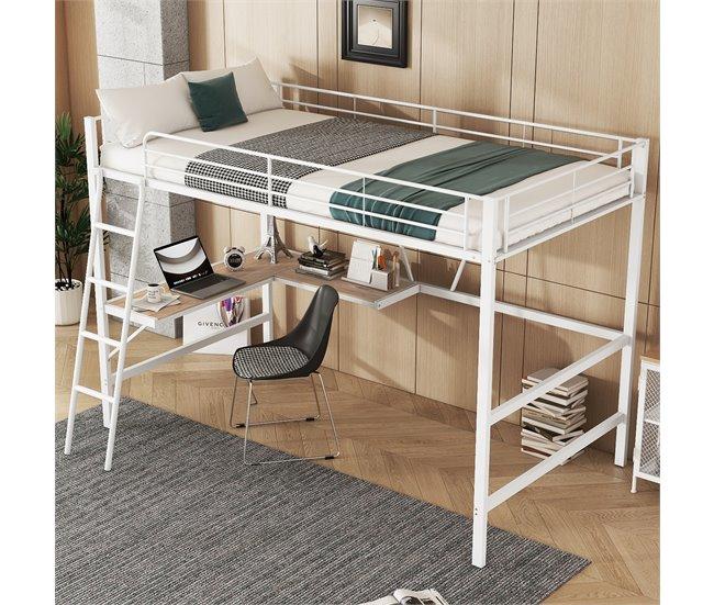 Conforama Cama Entrepiso De Hierro - 90x200 Cm - Con Escritorio Esquinero Y Estante - Blanco