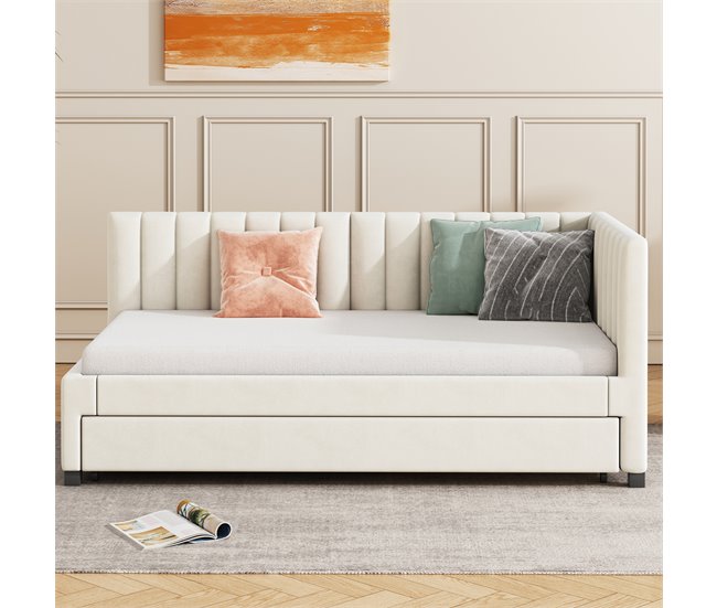 Conforama Cama Individual 90x200 Cm Con Cama Nido - Tapizada En Terciopelo Con Somier De Láminas - Beige